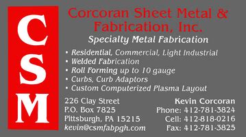 corcoran sheet metal & fabrication pittsburgh pa|corcoran sheet metal fab inc.